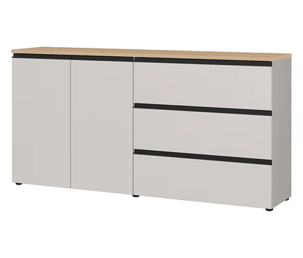 Das Sideboard »Cormano» in Weiß hat drei Schubladen rechts und zwei Türen links. Die Oberseite ist hellbraun.