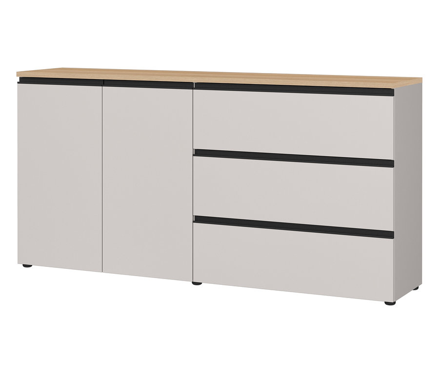 Das Sideboard »Cormano» in Weiß hat drei Schubladen rechts und zwei Türen links. Die Oberseite ist hellbraun.