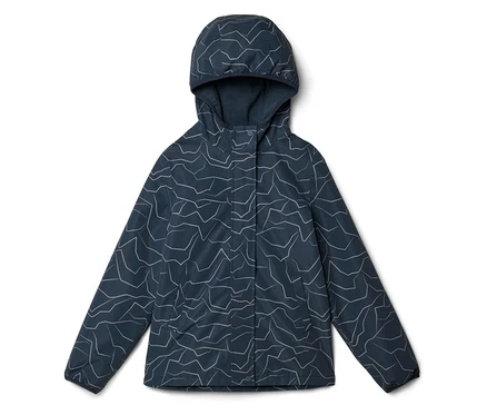 Blaue Kapuzenjacke mit abstraktem, hellgrauem Muster liegt auf einem weißen Hintergrund.
