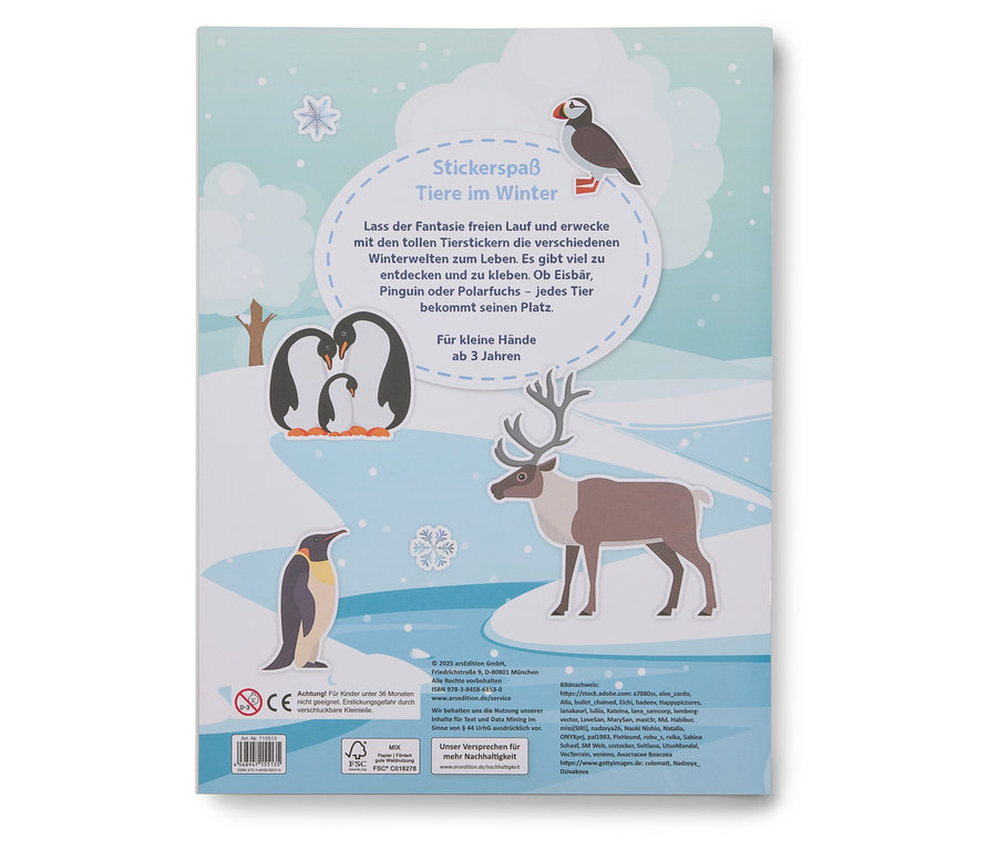 Auf dem Buchcover sind winterliche Tiersticker wie Pinguine, ein Papageitaucher und ein Rentier abgebildet.