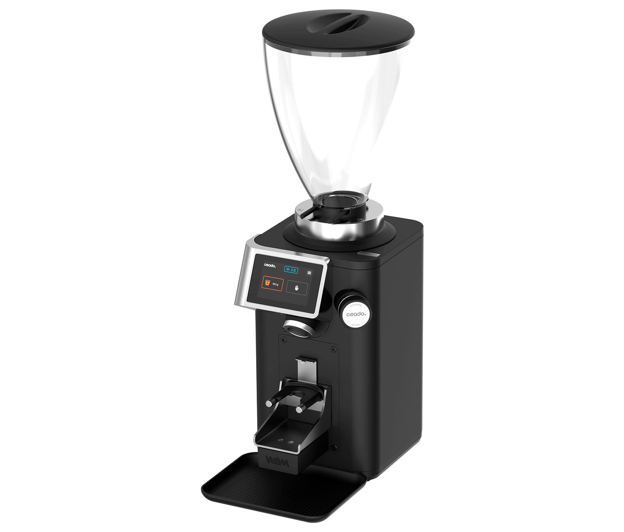 Eine schwarze Kaffeemühle mit einem transparenten Behälter oben drauf.