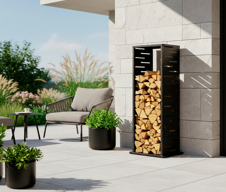 Auf einer Terrasse steht ein Regal mit Brennholz neben einem Sessel und einem Tisch.