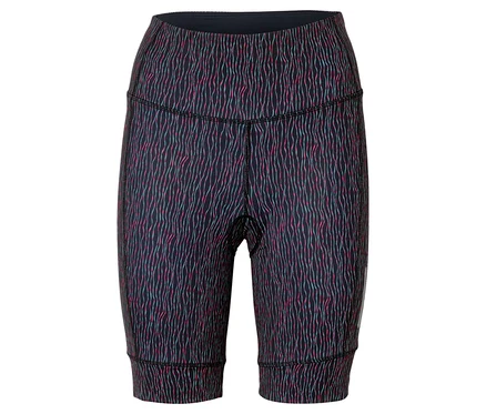 Nahaufnahme von gemusterten, knielangen Leggings mit dunklem Bund.