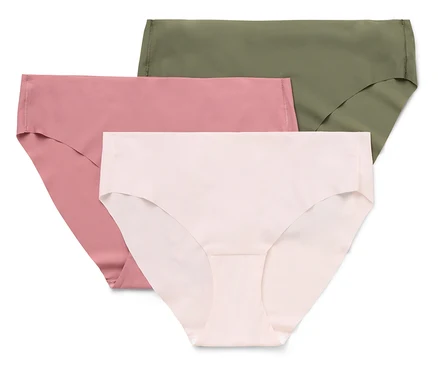 Drei Höschen in den Farben Rosa, Hellrosa und Olivgrün liegen übereinander.