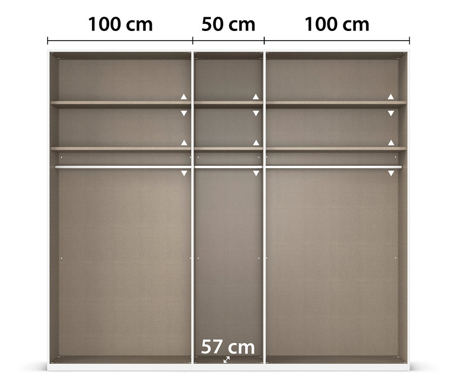 Draufsicht auf einen dreitürigen Kleiderschrank mit Einlegeböden und Kleiderstange. Die Türen sind beige und die Maße sind angegeben.