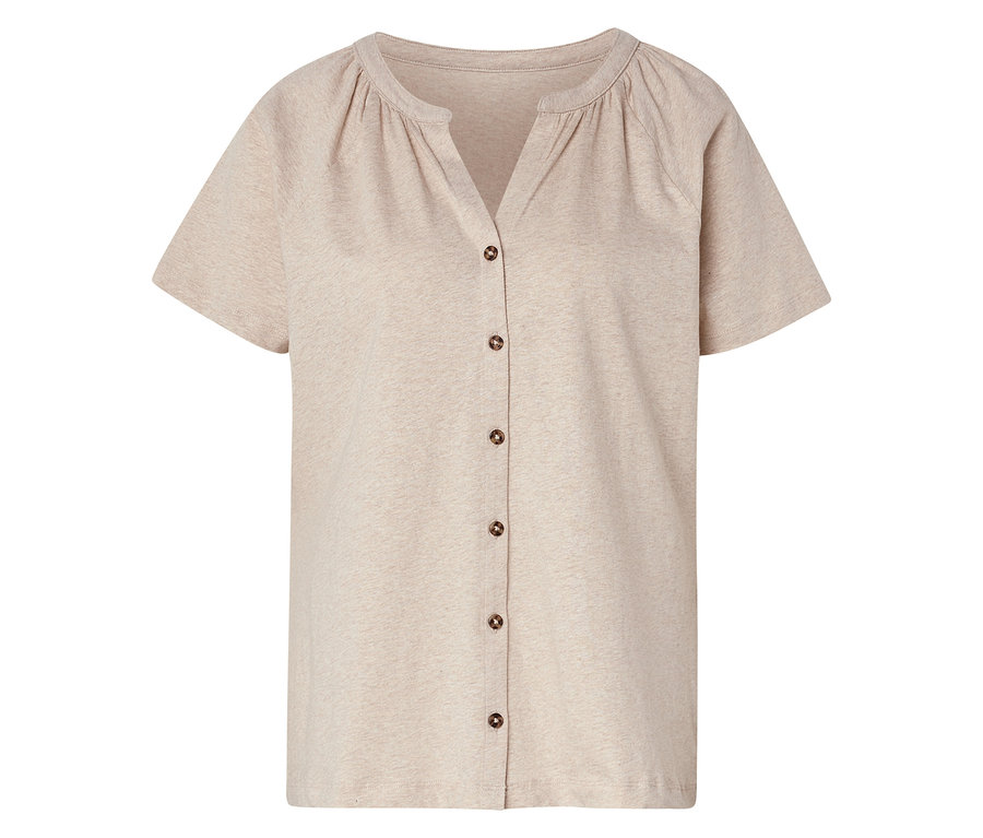 Beiges, kurzärmeliges Blusenshirt aus Leinenmix mit V-Ausschnitt, gerafftem Kragen und Knopfleiste.