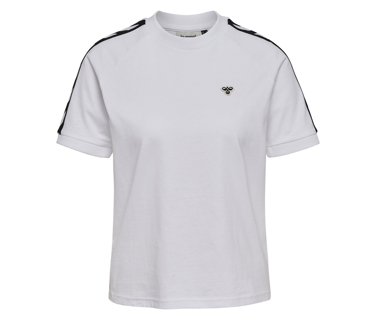 Weißes hummel® Damen-T-Shirt mit schwarzen Streifen auf den Schultern und dem hummel® Logo auf der Brust.