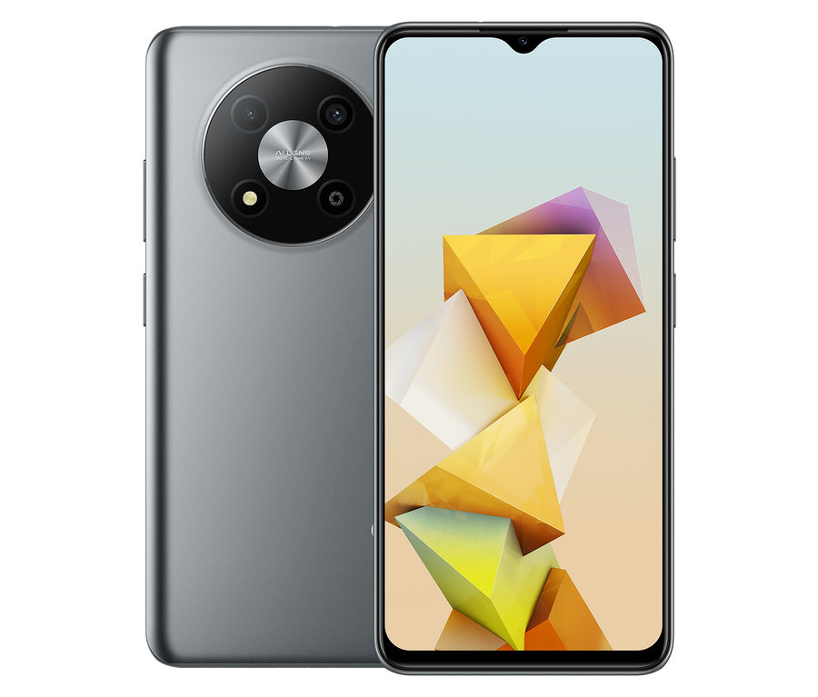 Graues ZTE Blade A73 5G 128GB Smartphone, von vorne und von hinten gezeigt.