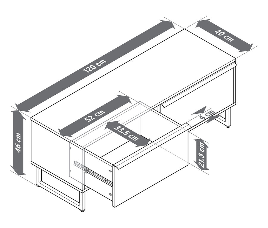 Skizze einer Sitzbank »LEEG« mit 2 Schubladen und Maßangaben.