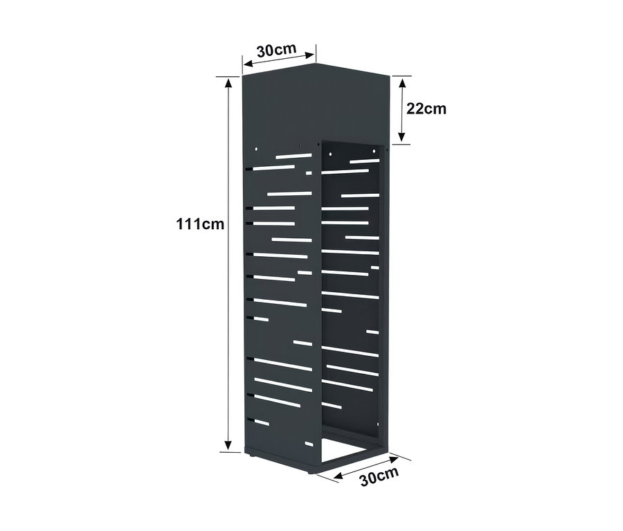 Dunkelgraues Kaminholzregal mit Pflanzkasten und Streifenmuster, 111 cm hoch, 30 cm breit und der Pflanzkasten 22 cm hoch.