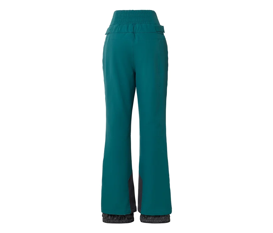 Dunkelgrüne Skihose von hinten, mit hohem, gerafftem Bund und schwarzen Einsätzen an den Beinenden.