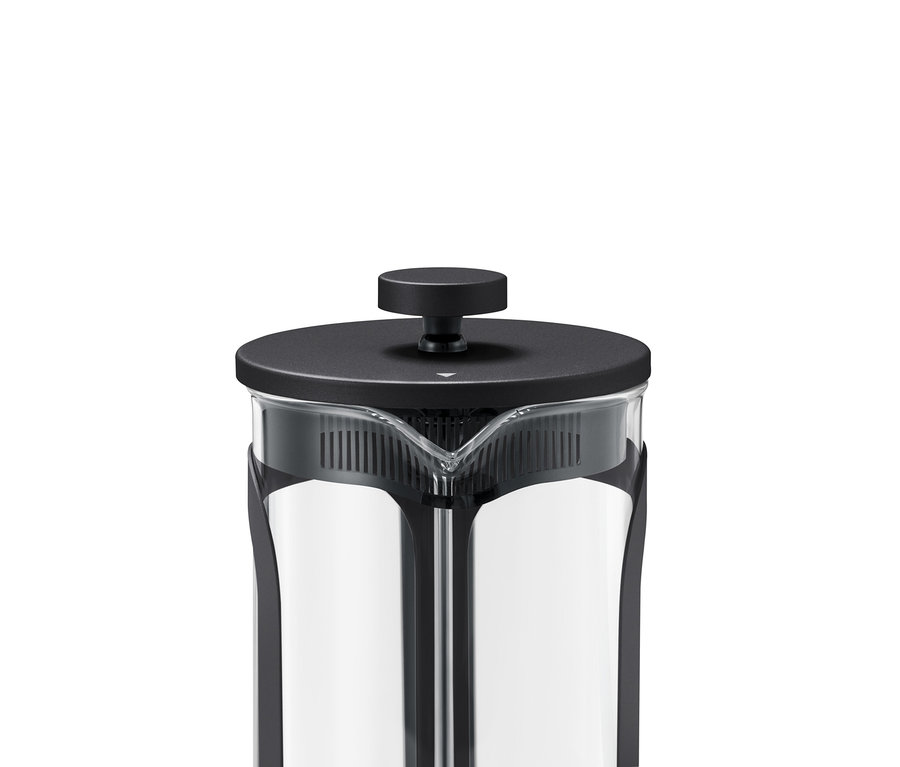 Detail einer schwarzen Siebstempelkanne mit 800 ml Fassungsvermögen.