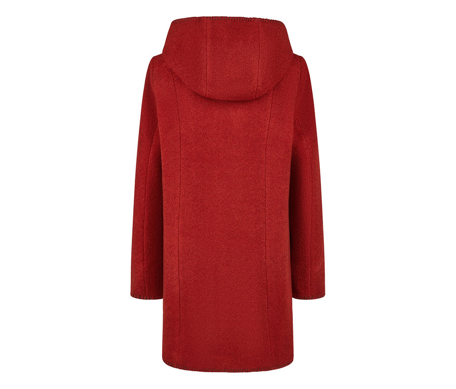 Roter Barbara Lebek Wollmantel mit Kapuze, von hinten gesehen.