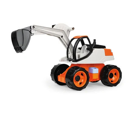 Weiß-oranger Spielzeugbagger GIGA TRUCKS Bagger Pro mit schwarzer Schaufel und Rädern auf weißem Hintergrund.
