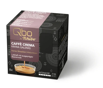 Dunkle Qbo by Tchibo Caffè Crema Kinyaa Galeras Kaffeekapselpackung mit 8 Kapseln, Intensität 7/10, mit Beerennoten.