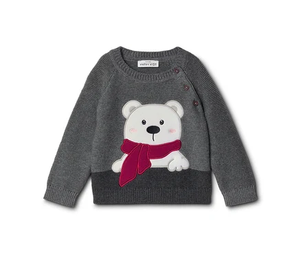 Grauer Kinderpullover mit weißem Eisbär-Motiv, der einen pinken Schal trägt. Drei braune Knöpfe an der Schulter.