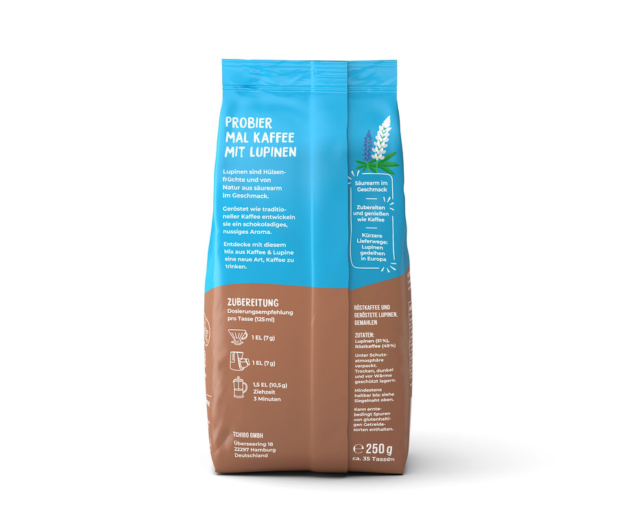 Eine Packung gemahlener Kaffee mit Lupinen.