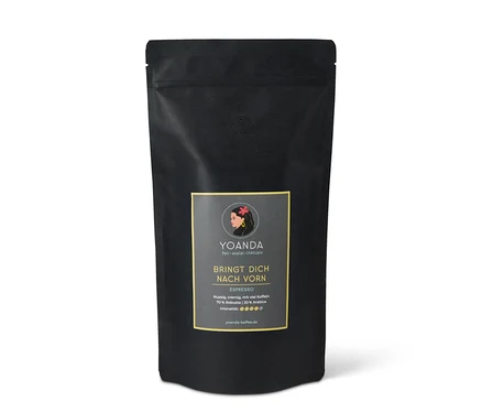 Schwarze Packung Yoanda - Bringt Dich nach vorn Espresso - 1 kg Ganze Bohne mit Aufdruck und Aromaventil.
