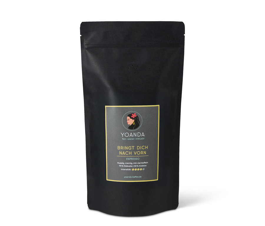 Schwarze Packung Yoanda - Bringt Dich nach vorn Espresso - 1 kg Ganze Bohne mit Aufdruck und Aromaventil.