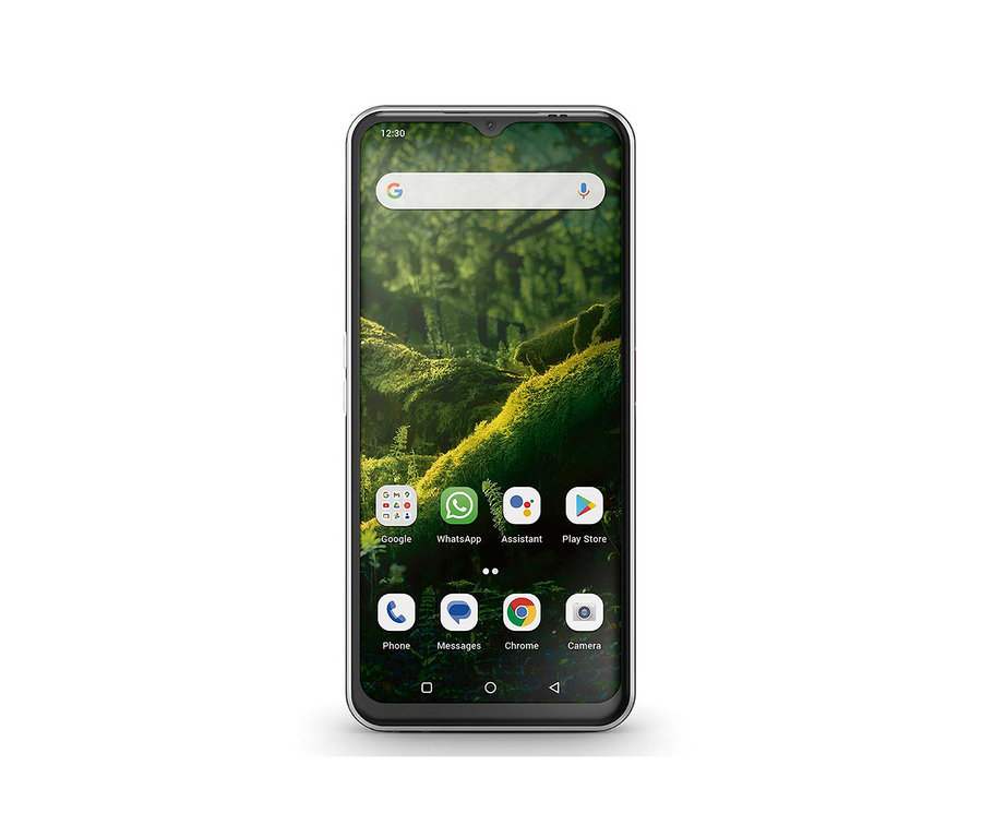 Schwarzes Smartphone zeigt ein Waldbild.