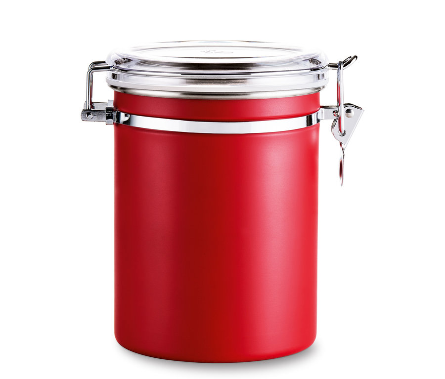Eine rote Aromadose mit Metalldeckel.