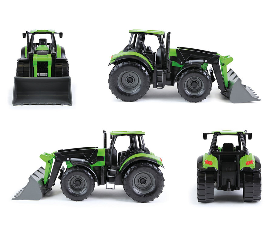 Fünf Ansichten des grün-schwarzen WORXX Traktor Deutz-Fahr Agrotron mit Frontlader, von vorne, beiden Seiten und hinten.