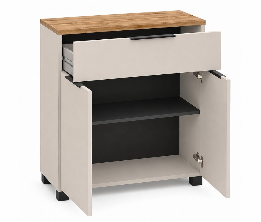Beiges Sideboard mit Holzplatte, offener Schublade und zwei offenen Türen, die ein graues Regal zeigen.