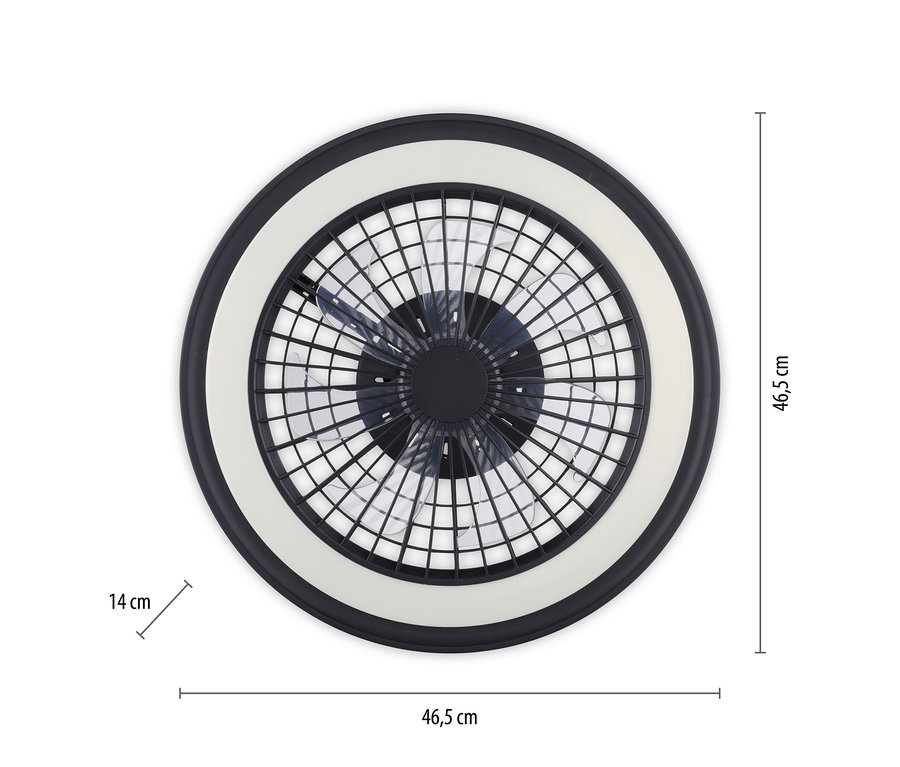 Runder Deckenventilator mit integriertem Licht, schwarzem Rahmen, weißem LED-Ring und schwarzem Gitter über transparenten Flügeln, 46,5 cm Durchmesser, 14 cm Tiefe.