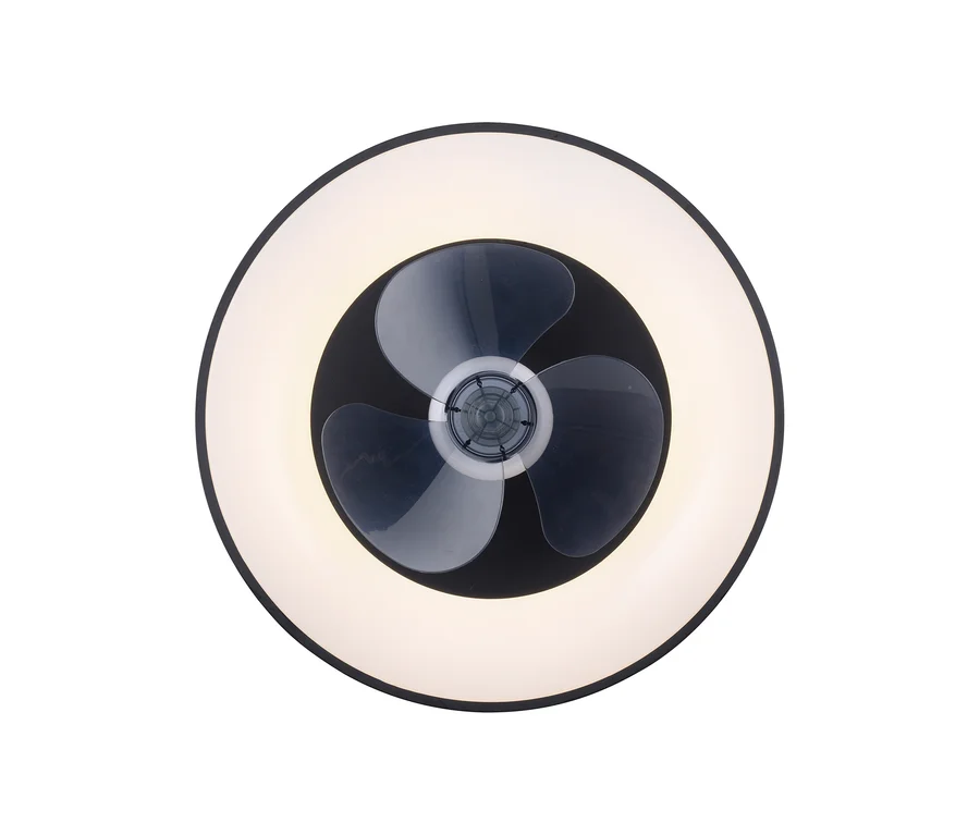 Runder schwarzer Deckenventilator mit drei transparenten Flügeln und integriertem weißem LED-Lichtring.