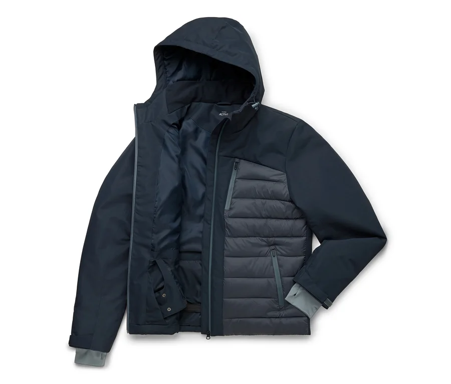 Dunkelblaue Kapuzenjacke mit gesteppter, dunkelgrauer Vorderseite, offen liegend auf weißem Hintergrund.