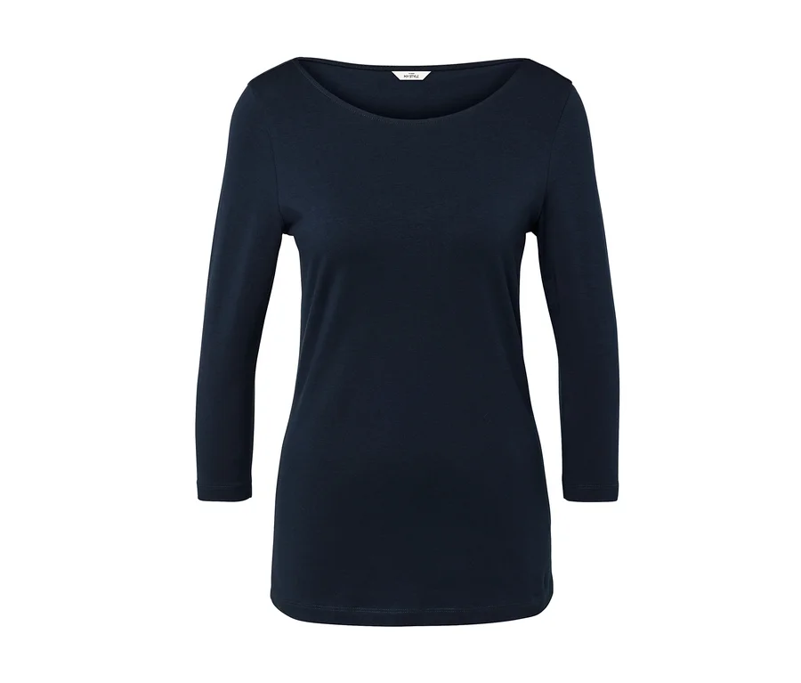 Marineblaues Langarmshirt mit Rundhalsausschnitt auf weißem Hintergrund.