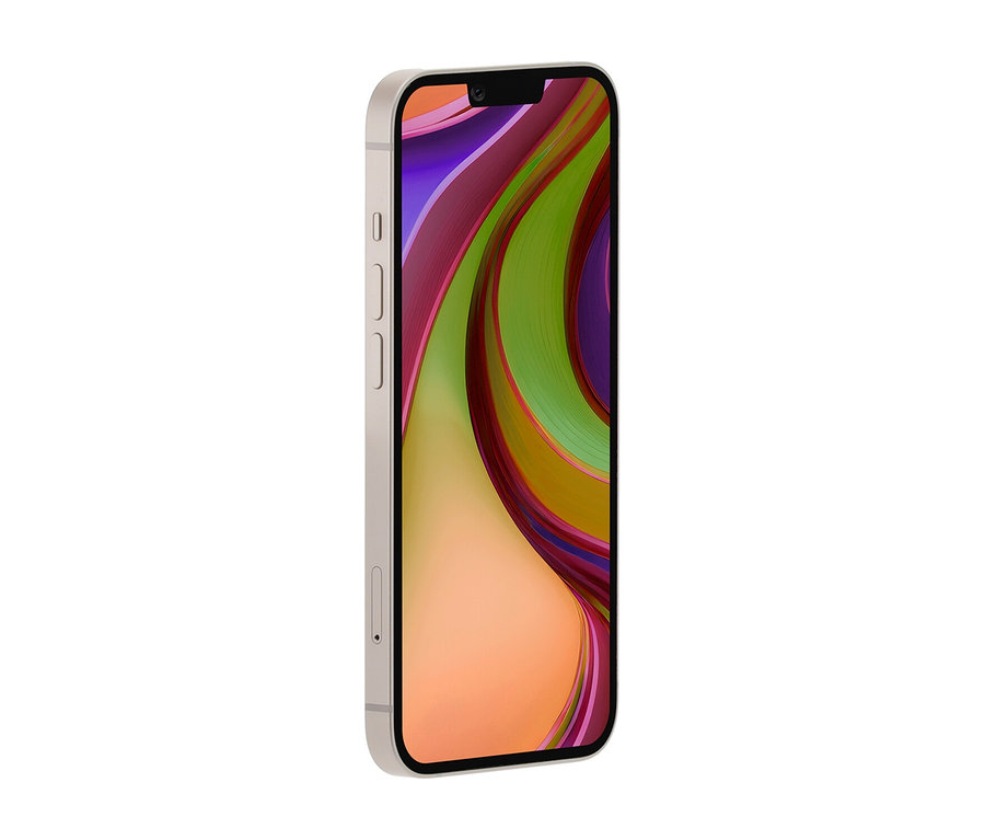Detailansicht eines Apple iPhone 14 mit 128 GB in Polarstern. Das Display zeigt einen abstrakten, farbenfrohen Hintergrund.