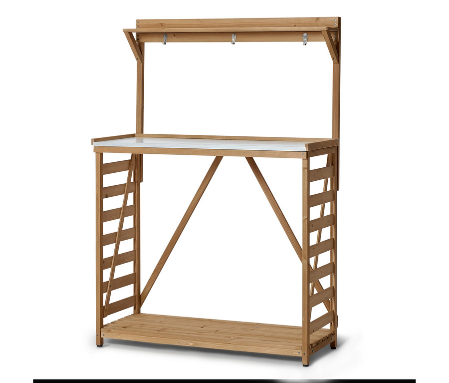 Helles Holzregal mit Arbeitsplatte und Hängevorrichtung mit Haken.