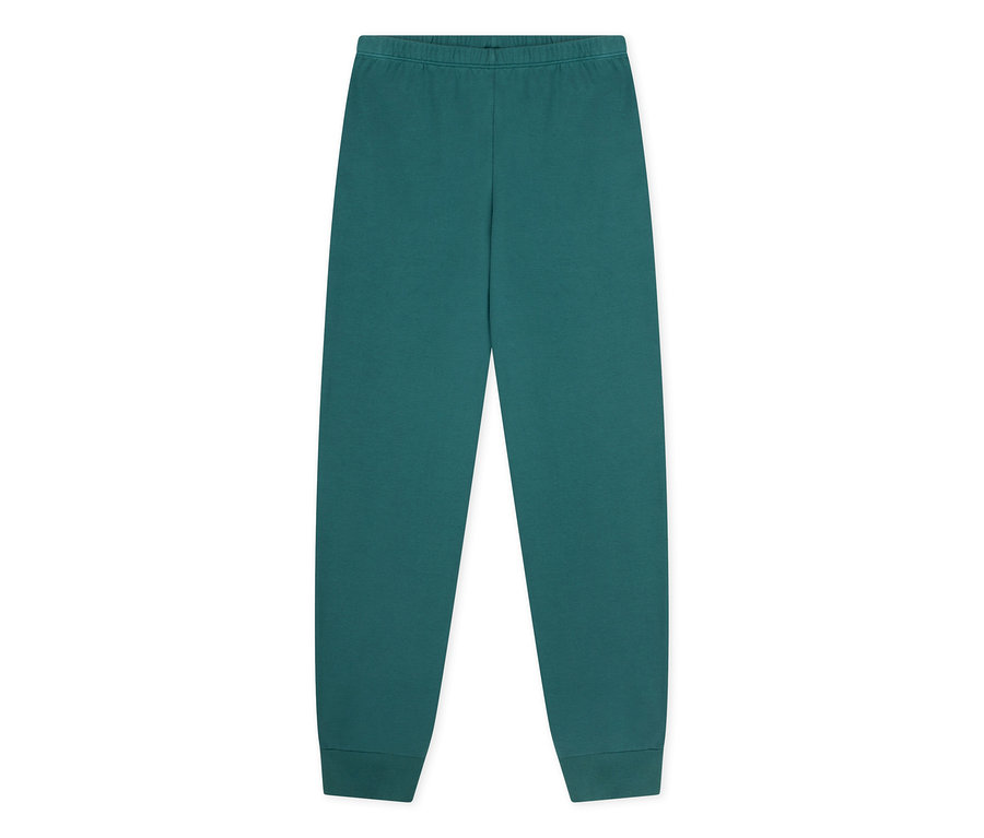 Grüne SCHIESSER Kinder-Interlock-Pyjamahose, flach ausgelegt.