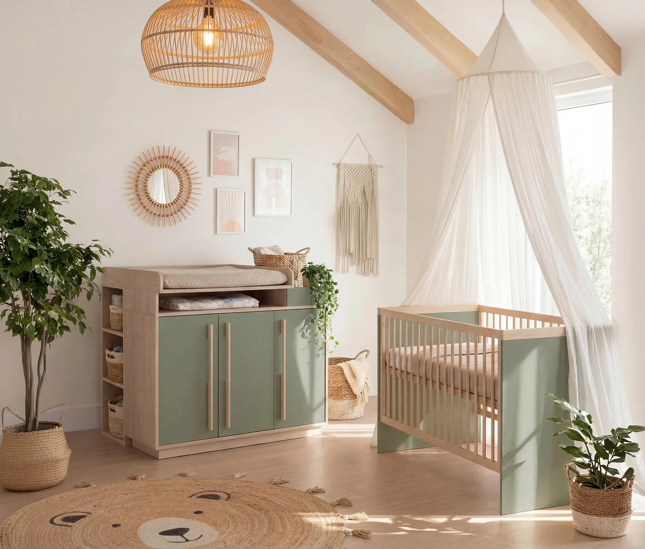 Helles Babyzimmer mit Wickelkommode und Babybett. Links steht eine Wickelkommode aus hellem Holz mit salbeigrünen Türen und einer beigen Wickelauflage. Daneben ein Babybett aus hellem Holz mit salbeigrünen Seitenwänden und einem weißen Betthimmel. Ein runder Bären-Teppich liegt auf dem Holzboden, flankiert von Topfpflanzen.