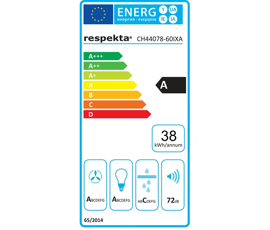Energielabel für respekta CH44078-601XA mit Energieeffizienzklasse A und einem Verbrauch von 38 kWh/annum.