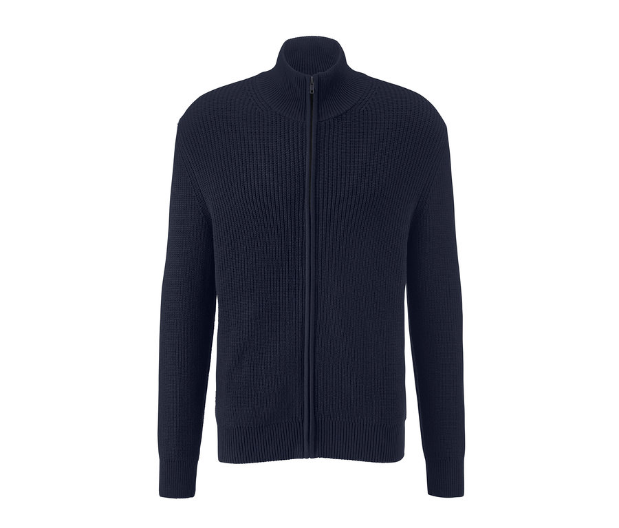 Eine marineblaue Strickjacke mit Reißverschluss in der Mitte.