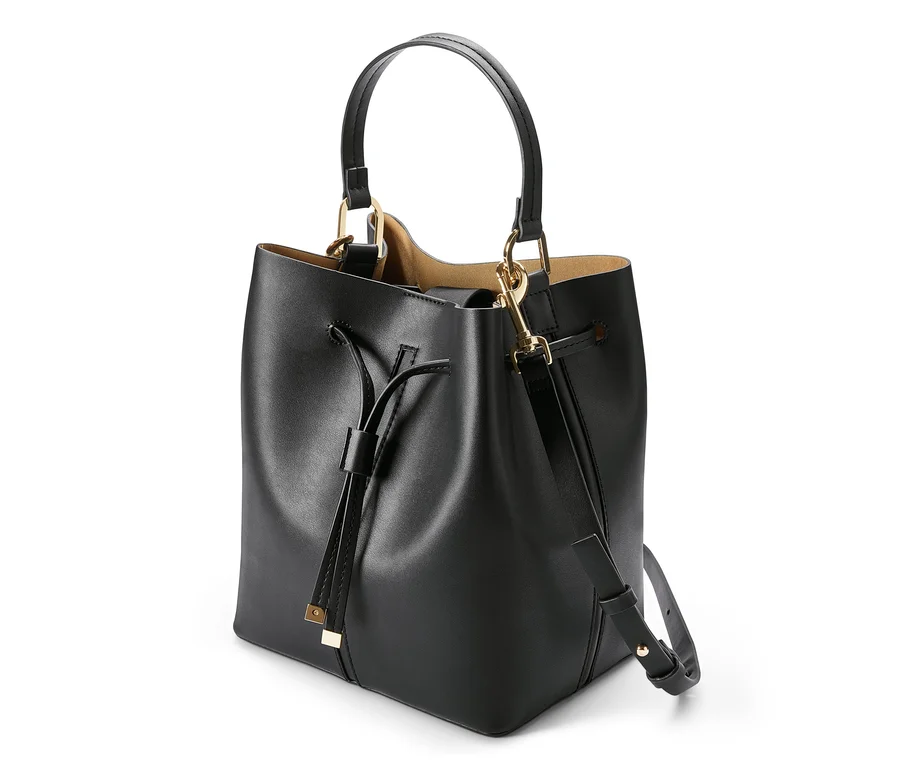 Schwarze Bucket Bag Handtasche mit Henkeln und Schultergurt.