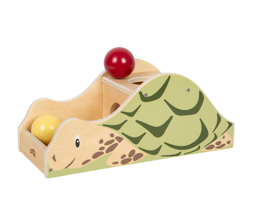 Holzspielzeug in Form einer Schildkröte mit einer roten Kugel oben und einer gelben Kugel unten.