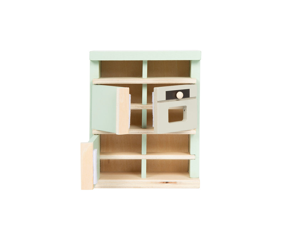 small foot Puppenhausmöbel-Set: Hellgrüne und naturfarbene Holzküche für Puppenhäuser mit geöffneter Ofentür und zwei geöffneten Schranktüren.