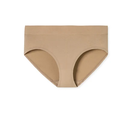 Ein einzelner beiger High-Waist-Slip mit geripptem Bund und dezenten strukturierten Details auf der Vorderseite, flach auf weißem Hintergrund liegend.