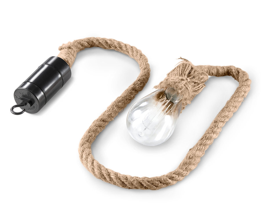 Eine LED-Outdoor-Filamentleuchte mit braunem Jute-Seil auf weissem Hintergrund.
