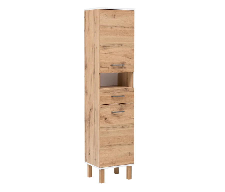 Ein Schildmeyer-Bad-Hochschrank »H 400 Wido« mit zwei Schubladen und einem offenen Fach.