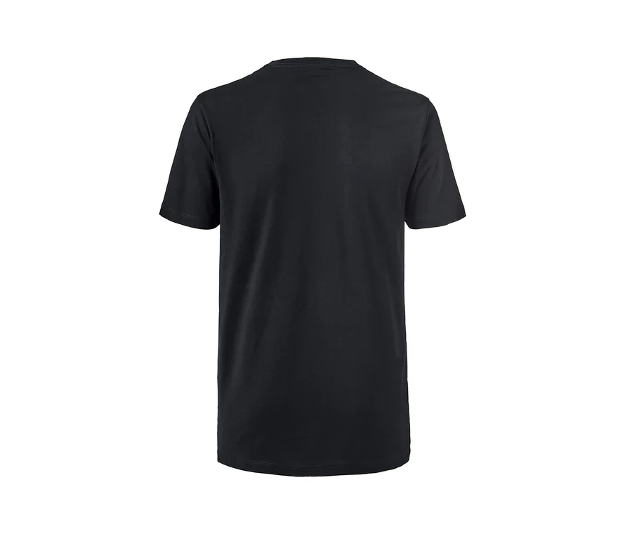 Detailaufnahme eines schwarzen T-Shirts mit V-Ausschnitt und kurzen Ärmeln.