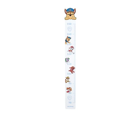 Ein Paw Patrol Wand-Höhenmesser mit Chase oben und Markierungen von 70 bis 150 cm.