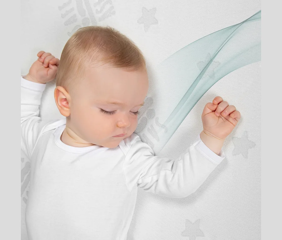 Ein Baby mit hellem Haar schläft auf dem Rücken in einem weißen Langarm-Body auf einer weißen Matratze mit Sternenmuster und blauen Wellenlinien.