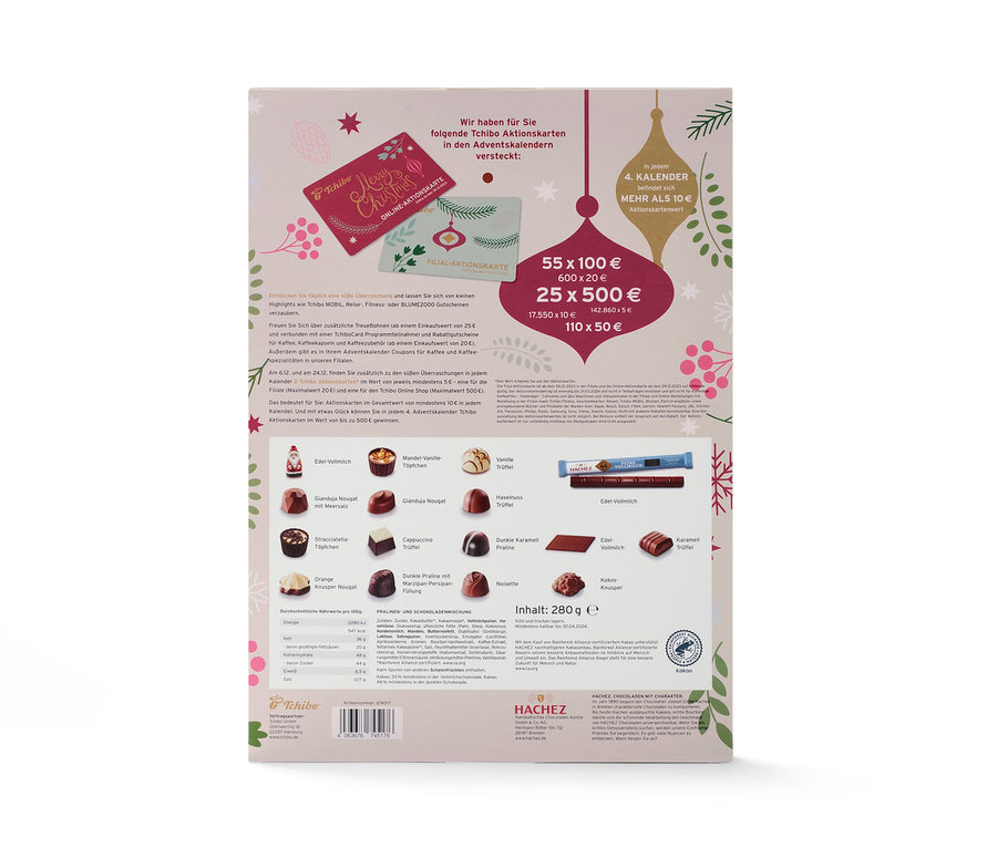 Tchibo-Adventskalender mit Pralinen und Aktionskarten.