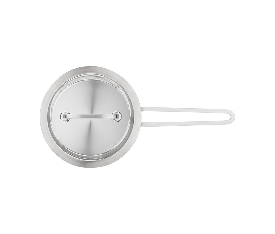 Runder Edelstahl-Stieltopf aus dem Henckels by ZWILLING »Pulse« Kochgeschirrset, mit passendem Deckel und hellem, U-förmigem Griff, von oben gesehen.