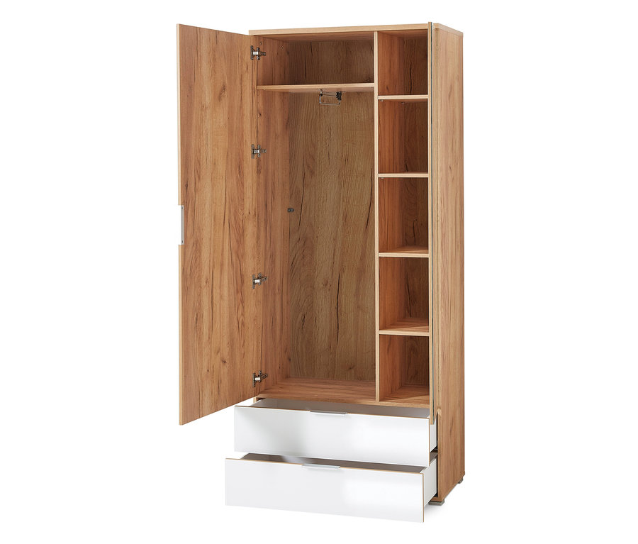 Geöffneter Kleiderschrank »Telde« mit Holzstruktur und zwei weißen Schubladen.