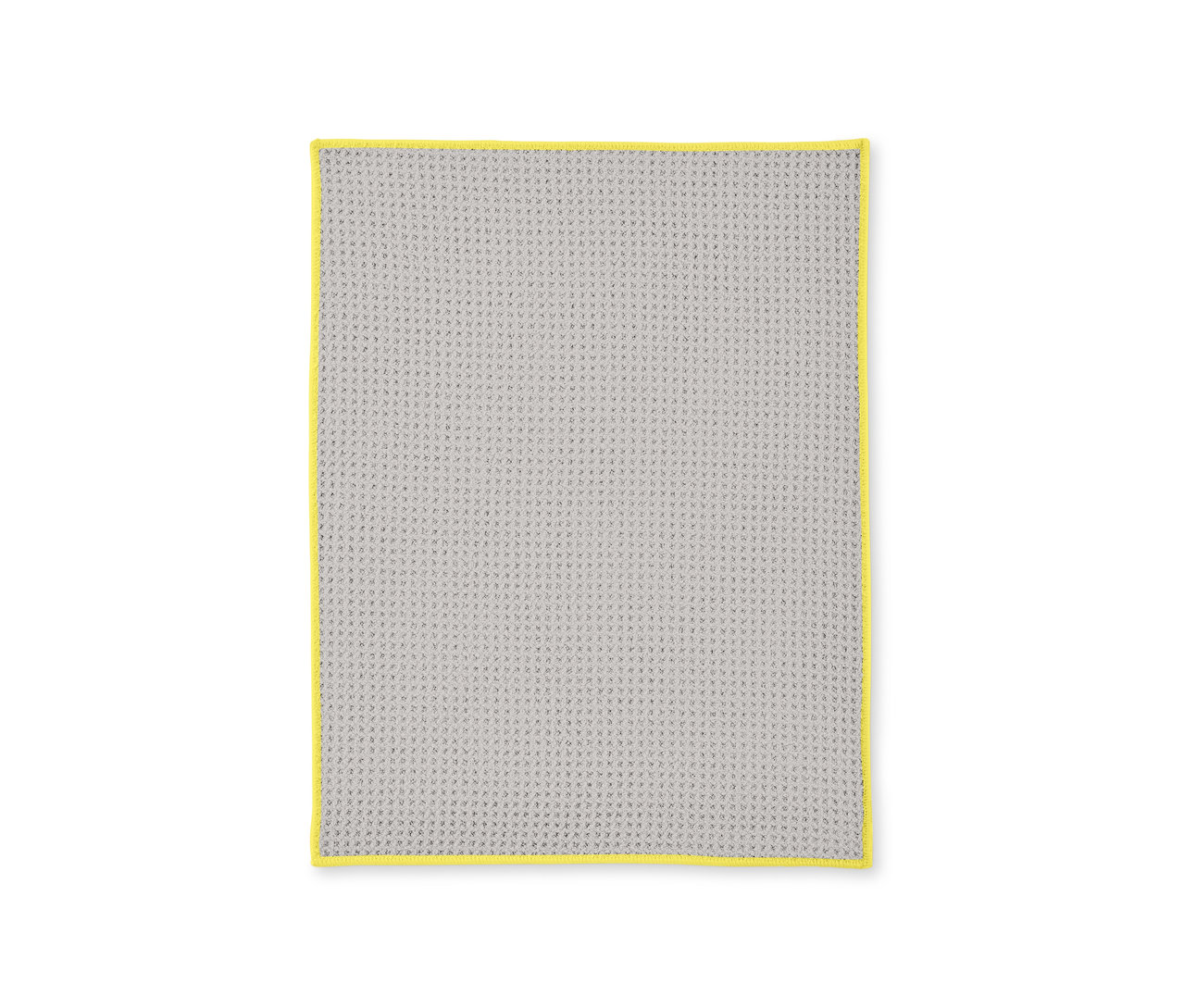 Graues Trockentuch mit gelbem Rand.